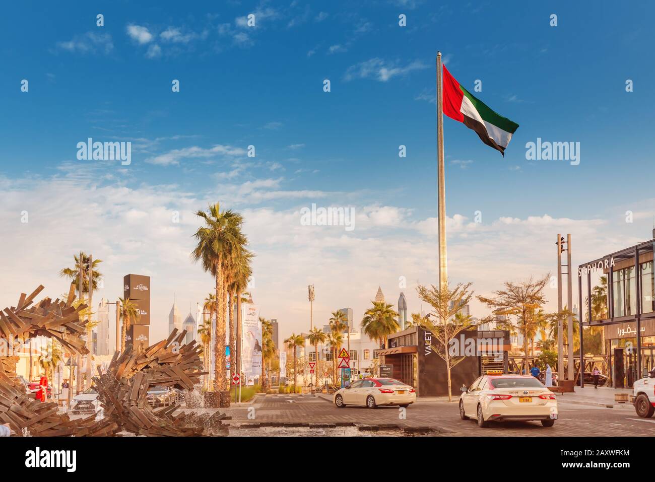 25 November 2019, Dubai, UAE: United Arab Emirates Flag at the La Mer district Stock Photo