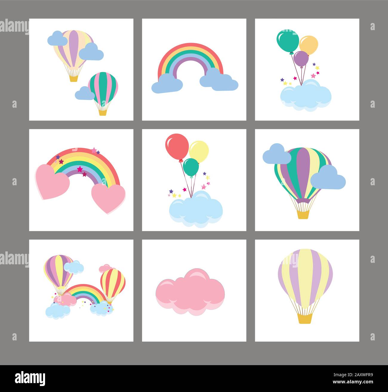 Vector set of children's stylish vector illustrations for baby cards. Balloons, clouds and rainbows flat vector design. Stock Vector