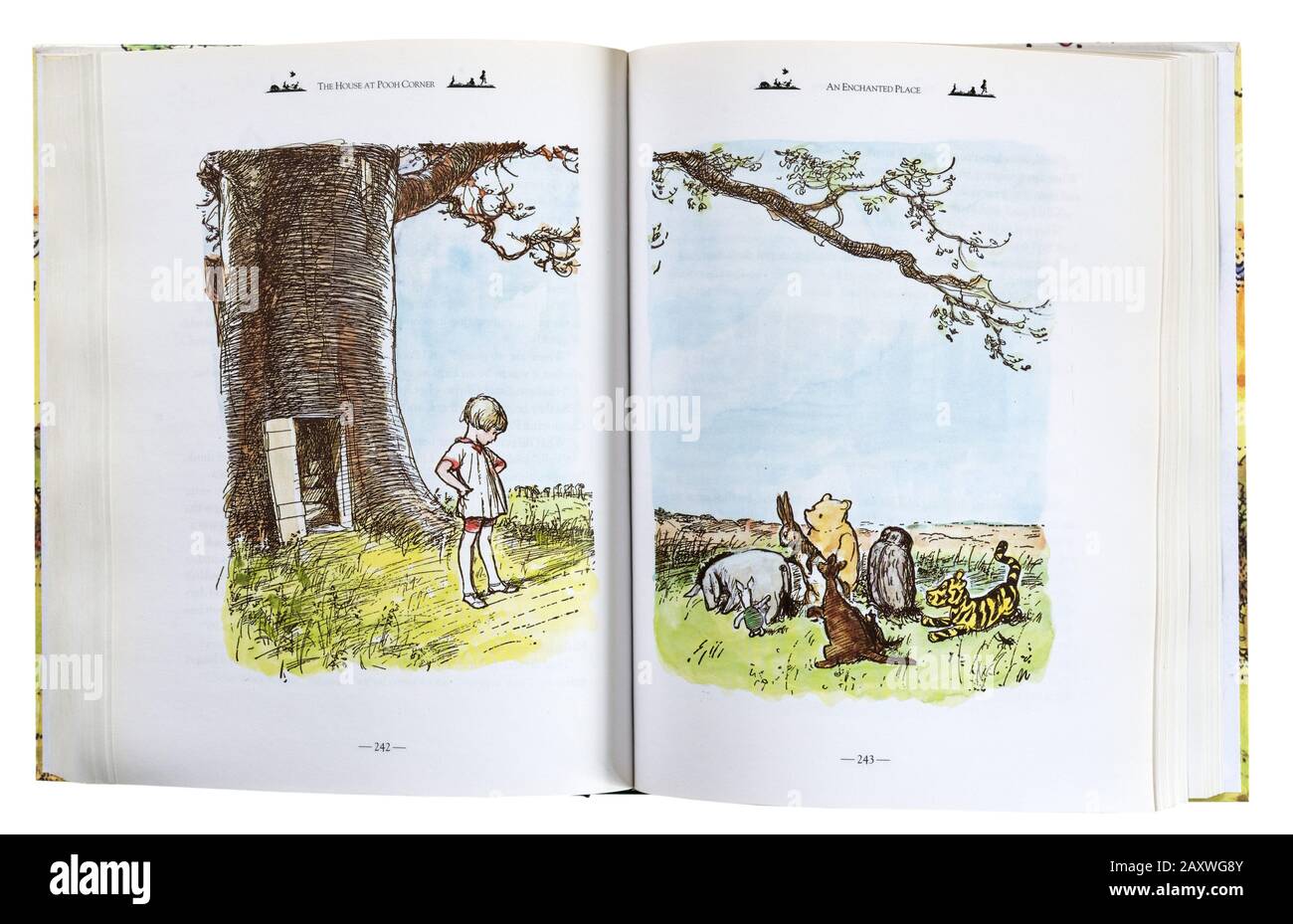 An illustration of Christopher Robin and Pooh with Eeyore, Kanga and Roo, Tigger, Owl, Rabbit and Piglet by EH Shepherd in a Winnie the Pooh collectio Stock Photo