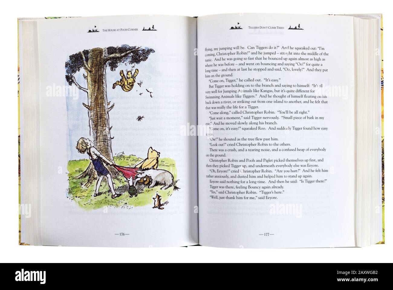 An illustration of Christopher Robin and Pooh Catching Tigger falling from a tree by EH Shepherd in a Winnie the Pooh collection Stock Photo
