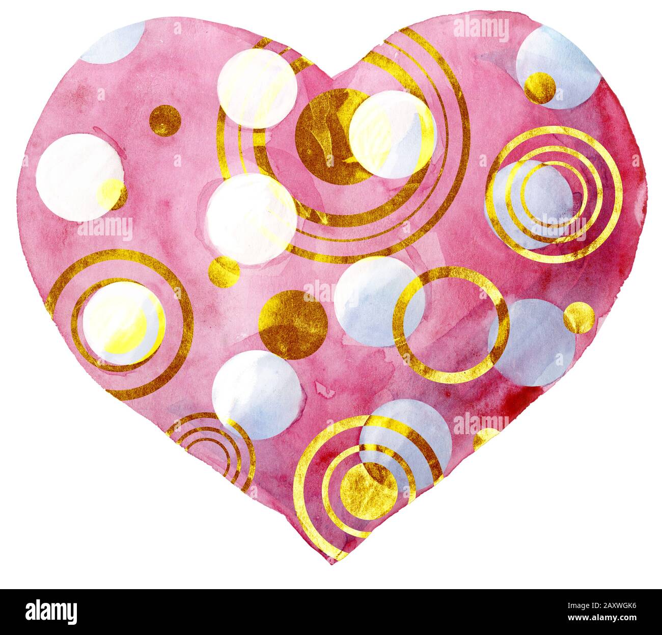 watercolor pink heart with gold strokes on white background Stock Photo ...