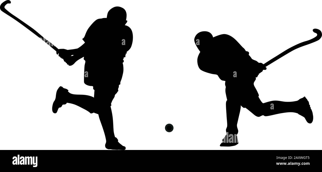 Silhouette of two field hockey players with a hockey stick and ball