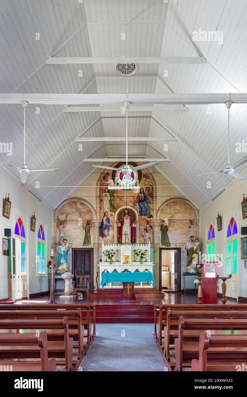 Interior of The Our Lady of the Sacred Heart, a Catholic Church placed in Thursday Island, Queensland, Australia. Stock Photo
