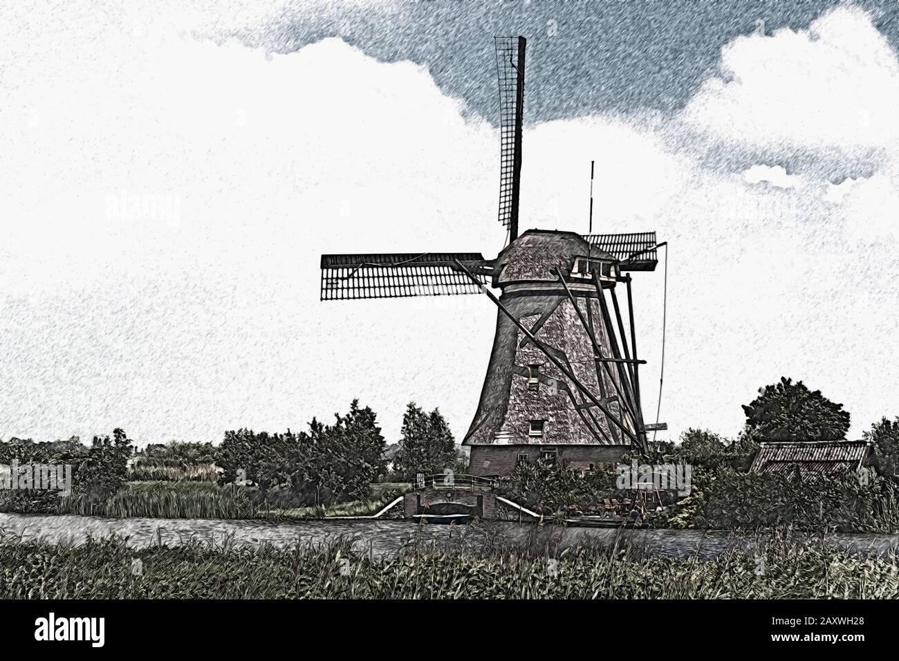 The windmills of Kinderdijk were buildt in the 18th century, Kinderdijk, South Holland, Netherlands, Europe Stock Photo