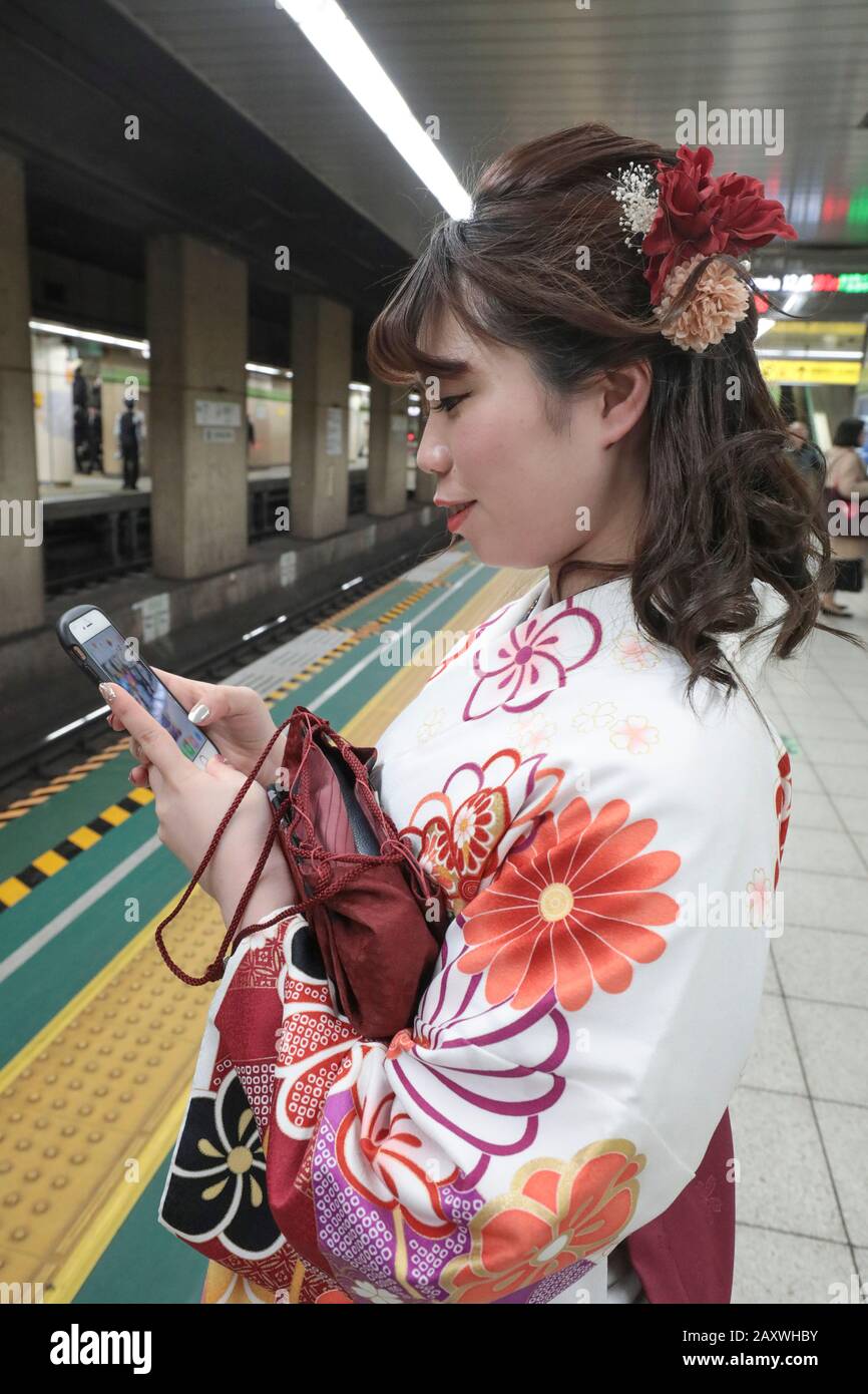 KIMONOS IN TOKYO METRO Stock Photo