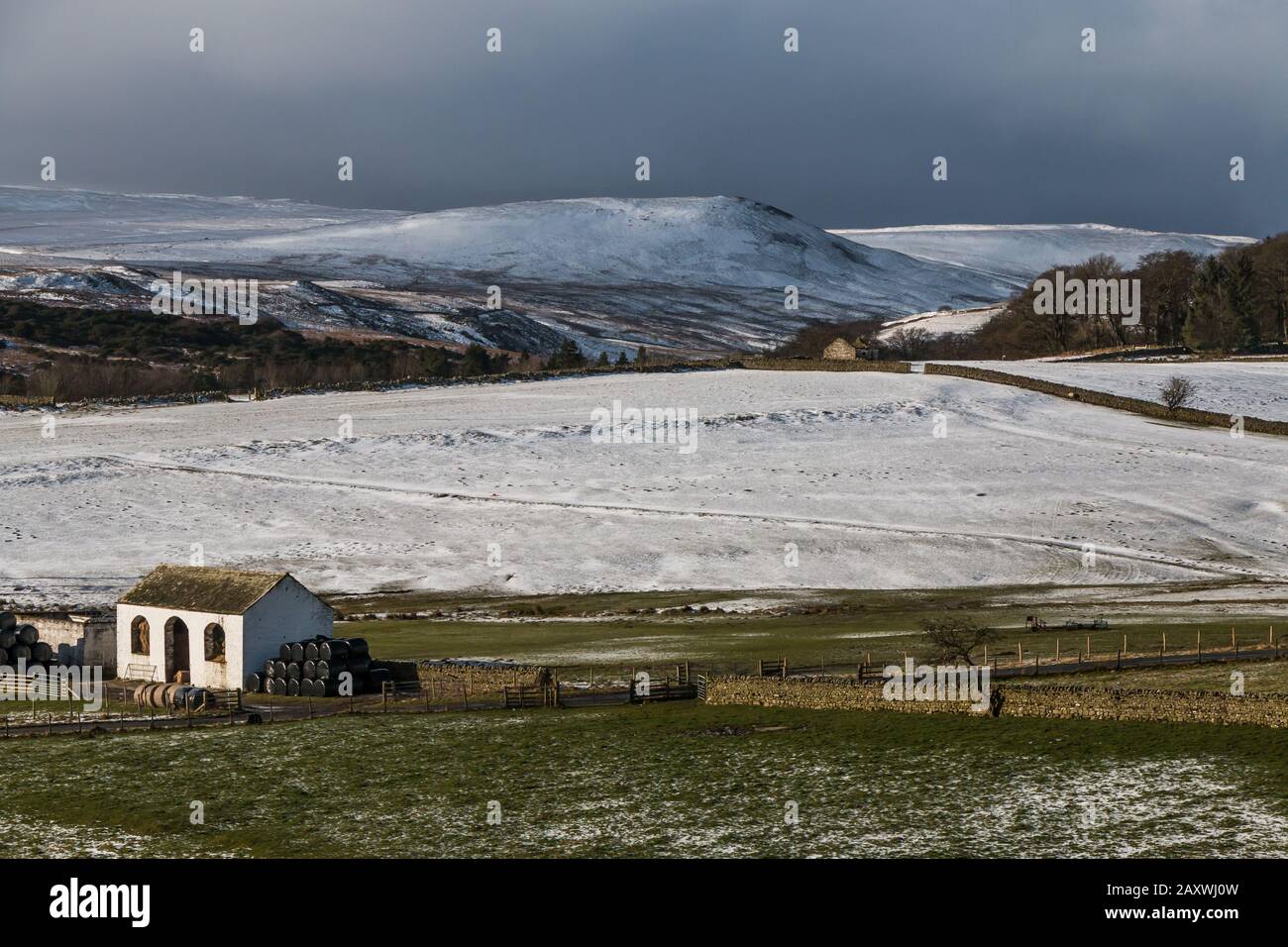 A wintry view over Ettersgill towards Cronkley Fell, Upper Teesdale, North PEnnines AONB, UK Stock Photo