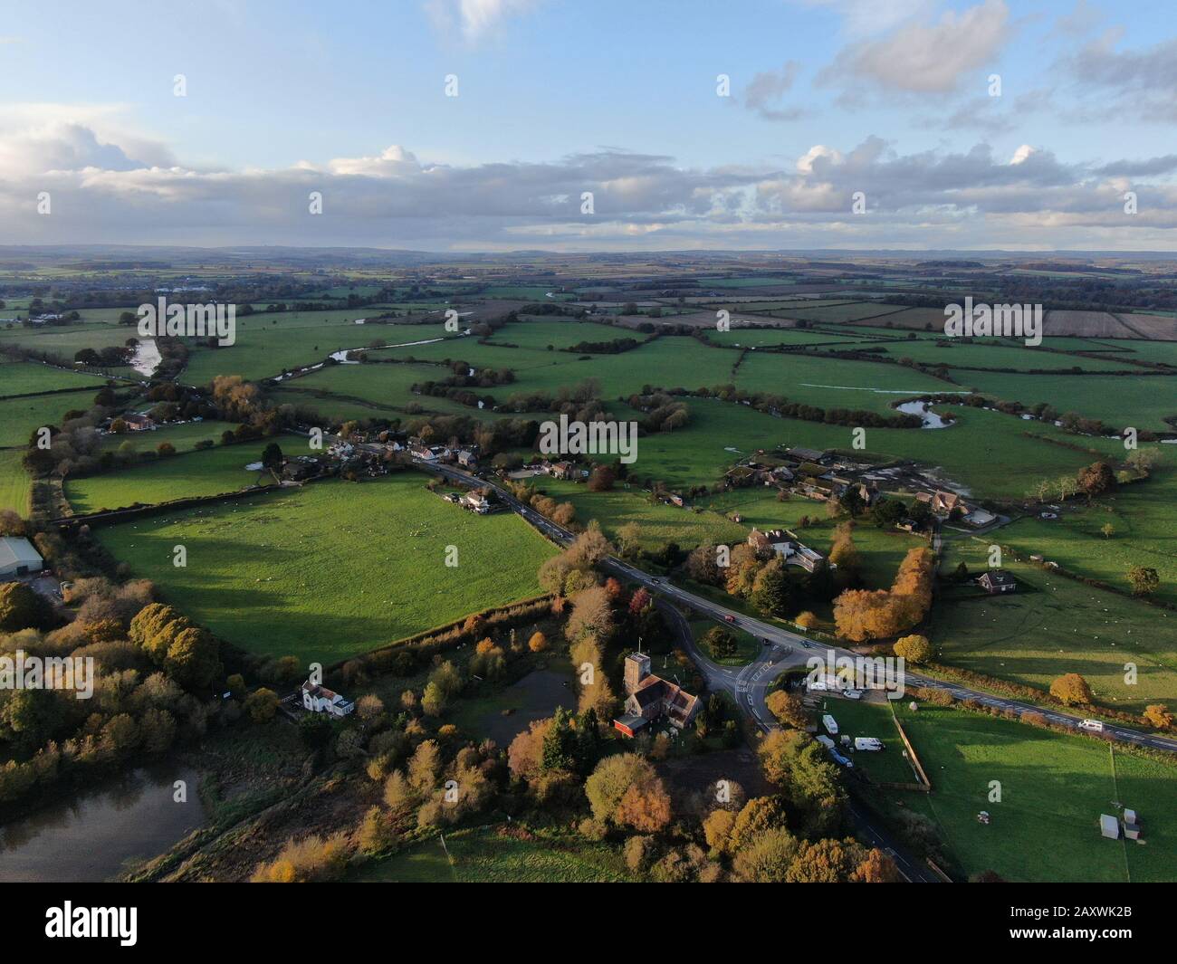 aerial view of Saint Huberts church in Corfe Mullen , Dorset looking ...