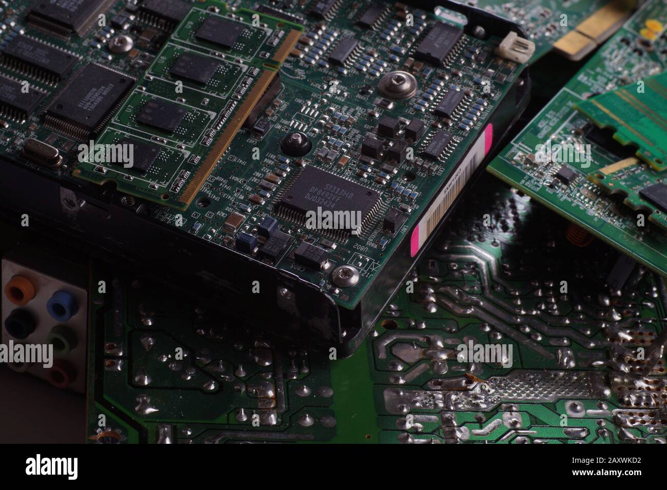 Electro garbage. Computer components including motherboards and RAM as