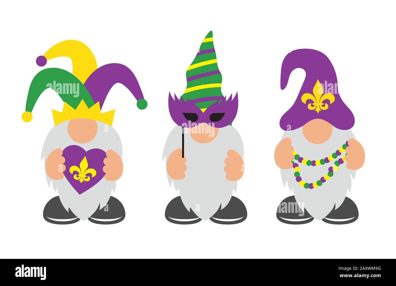 Mardi Gras Gnomes w mask, fleur de lis, and heart Stock Vector