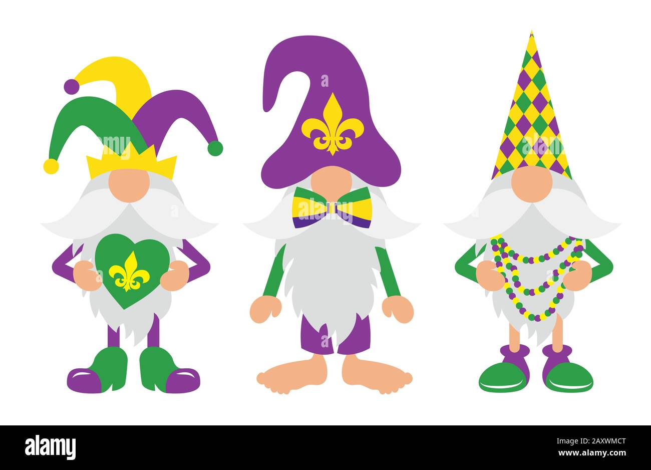 Mardi Gras Gnomes w mask, fleur de lis, and heart Stock Vector