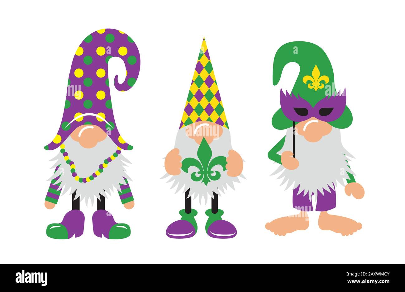 Mardi Gras Gnomes w mask, fleur de lis, and heart Stock Vector