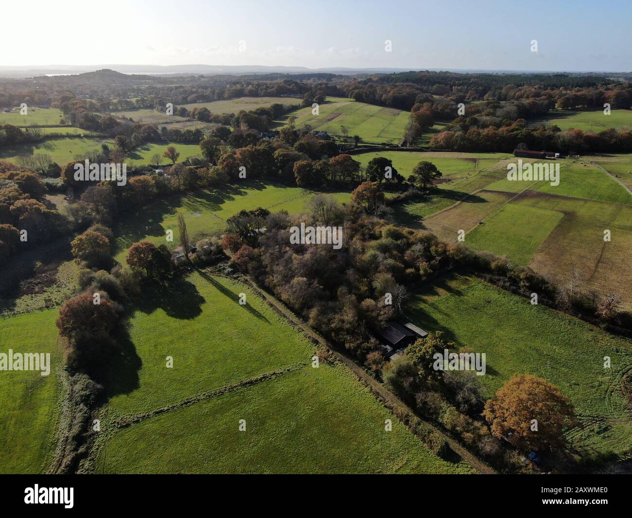 aerial view of countryside near Corfe Mullen , Dorset looking over the