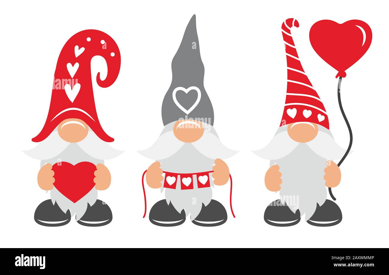 Valentines Day Gnomes w hat, balloon, and hearts Stock Vector