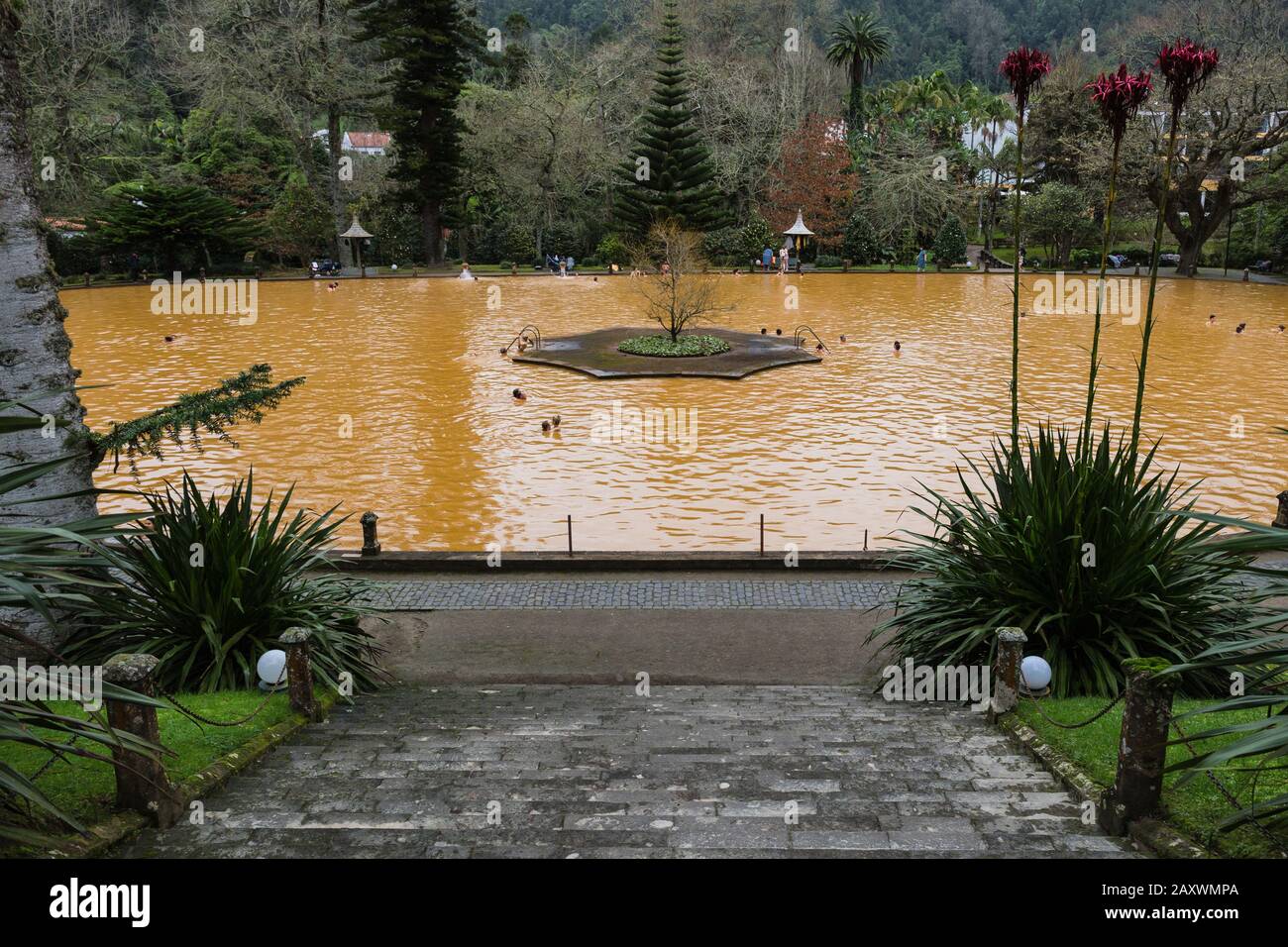 Furnas, Azores February 2020 Natural hot spring at "Terra Nostra" garden where people swim in