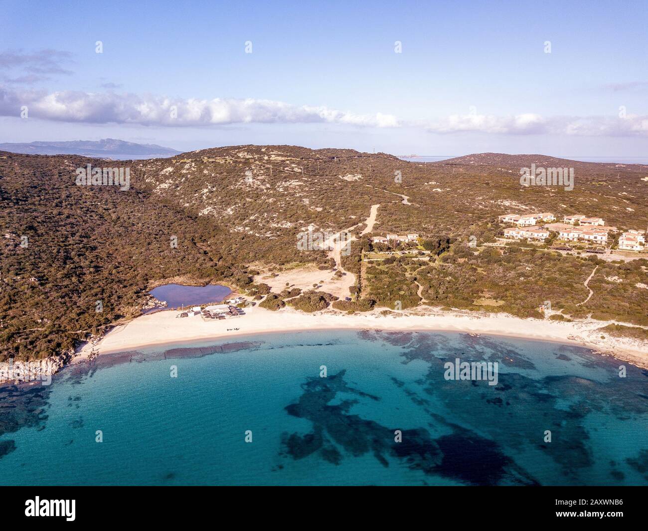 Aerial view of Spiaggia Bianca, White Beach in Golfo Aranci, blue water,  amazing granite rocks and sandy beaches. North Sardinia in winter Stock  Photo - Alamy