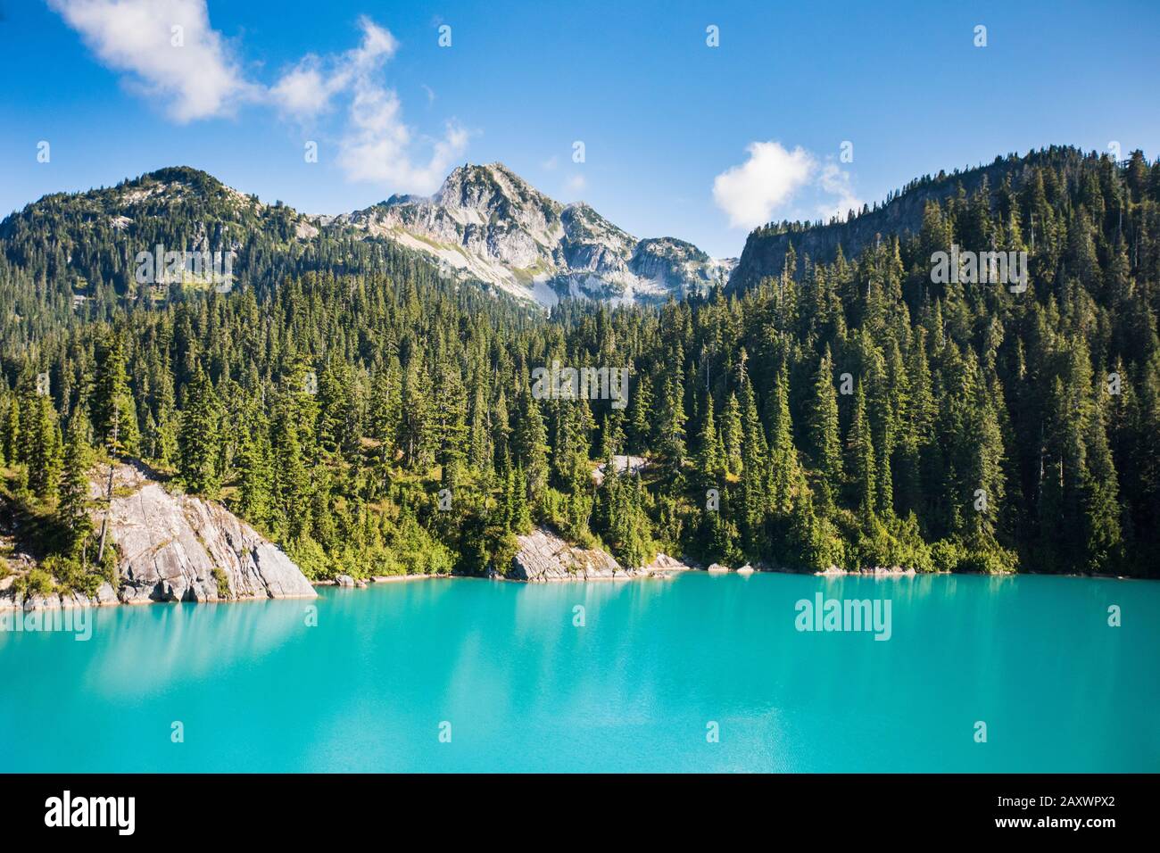 Lake and mountain view in the Coast Mountain Range, near Vancouver. Stock Photo
