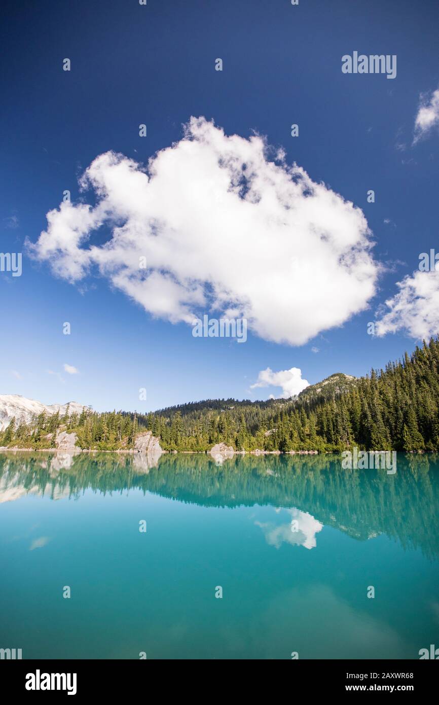 Reflections of calm blue lake and mountain forest. Stock Photo