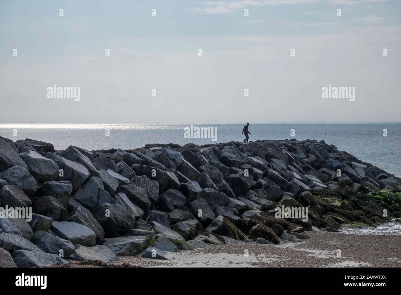 Man walks along rock breakwater in early evening, summer at Beautiful Beach, West Sands Selsey, West Sussex, England. Stock Photo