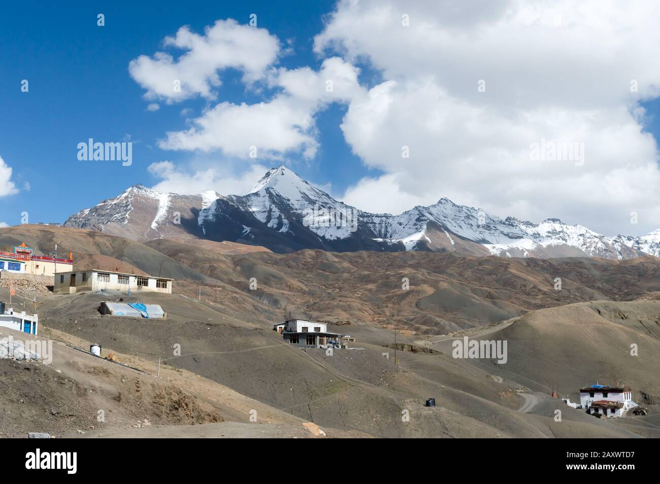 Human settlements in high altitude areas of Himalayan hills and mountains valley higher altitudes region extreme cold climate. Rugged terrains, fragil Stock Photo