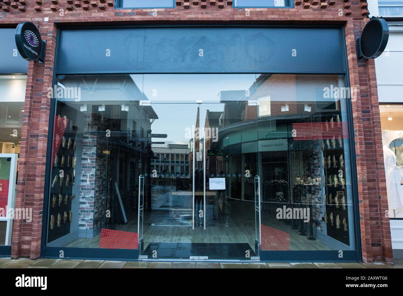 Windsor, UK. 13 February, 2020. A former Timberland store in Windsor Yards,  a shopping area in