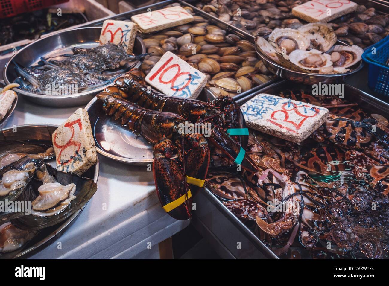 Lobster , crayfish and mussels on seafood market in Hong Kong, Stock Photo