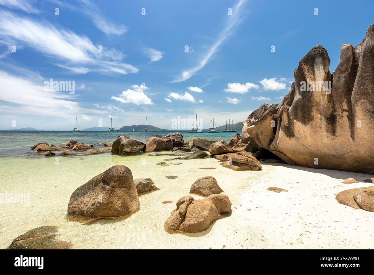 Sailing boats in Seychelles, Curieuse island, Anse St. Jose beach Stock Photo