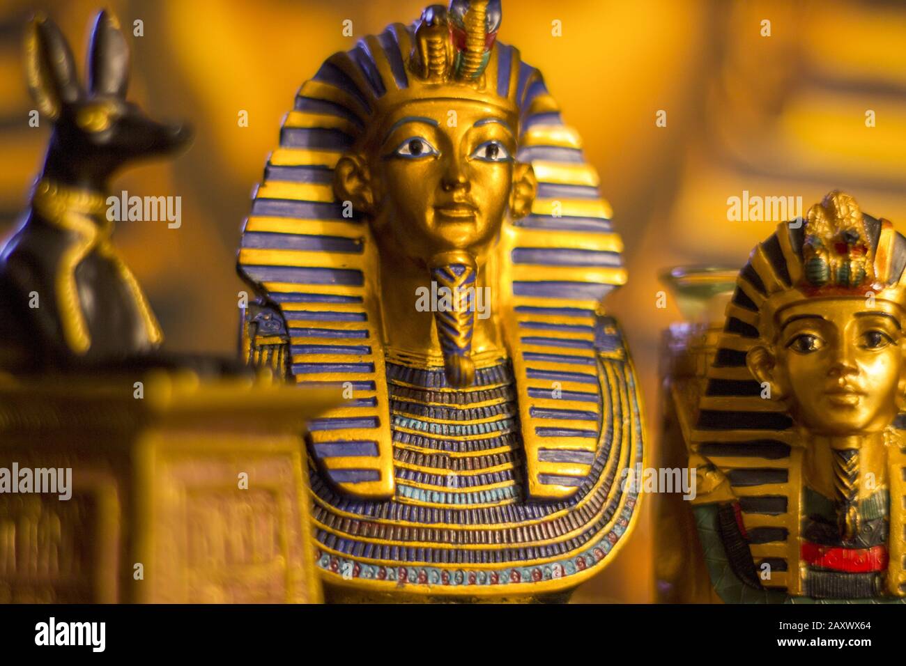 Still life of statues of king pharaoh tutankhamun tutankhamen and mythology jackal anubis inpu anup Stock Photo