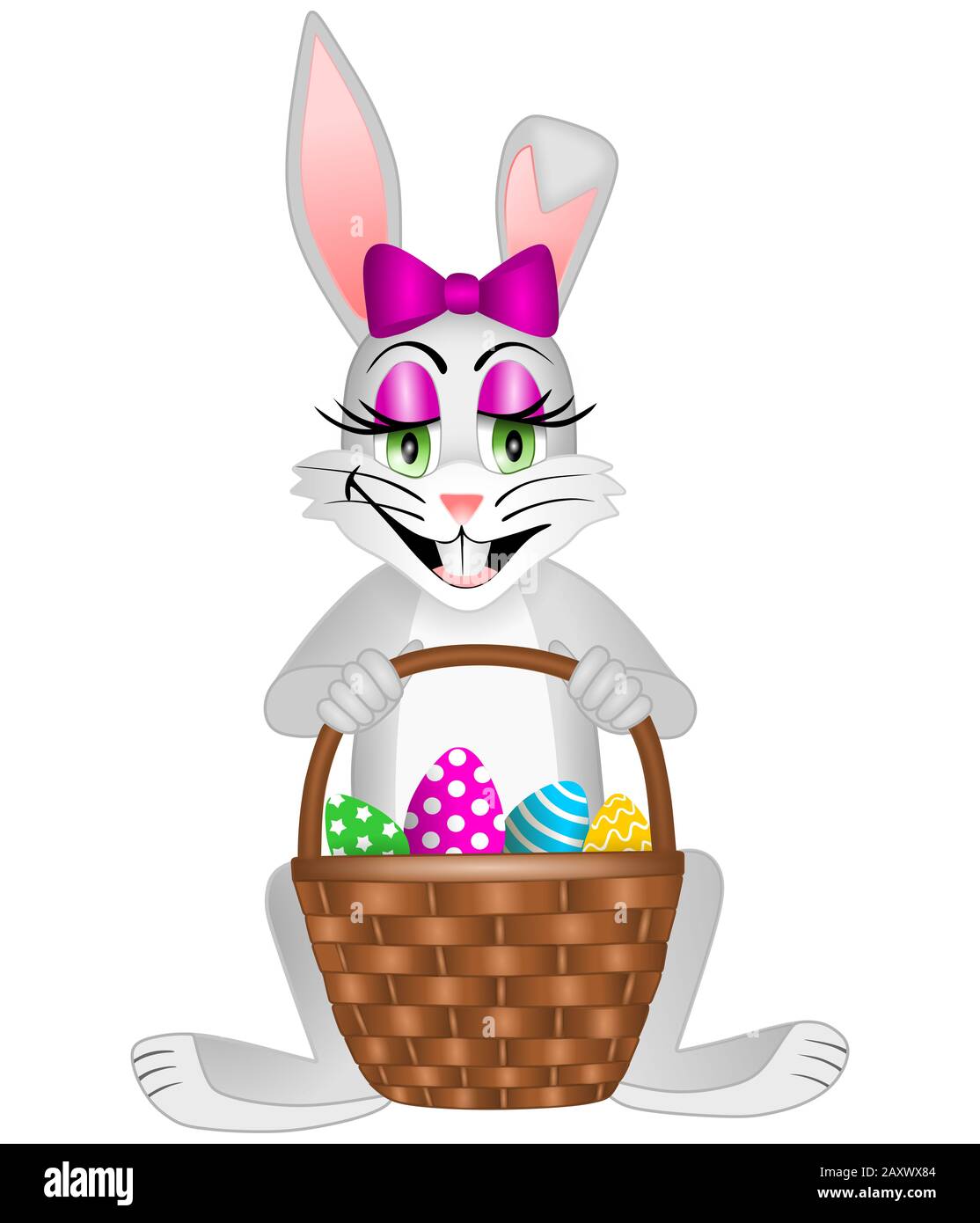 Isolated easter bunny. Female rabbit with a basket of eggs Stock Photo