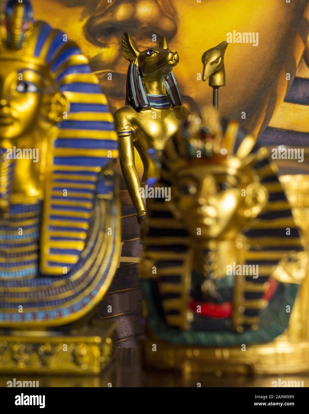 Still life of statues of mythology jackal anubis inpu anup and king pharaoh tutankhamun Stock Photo