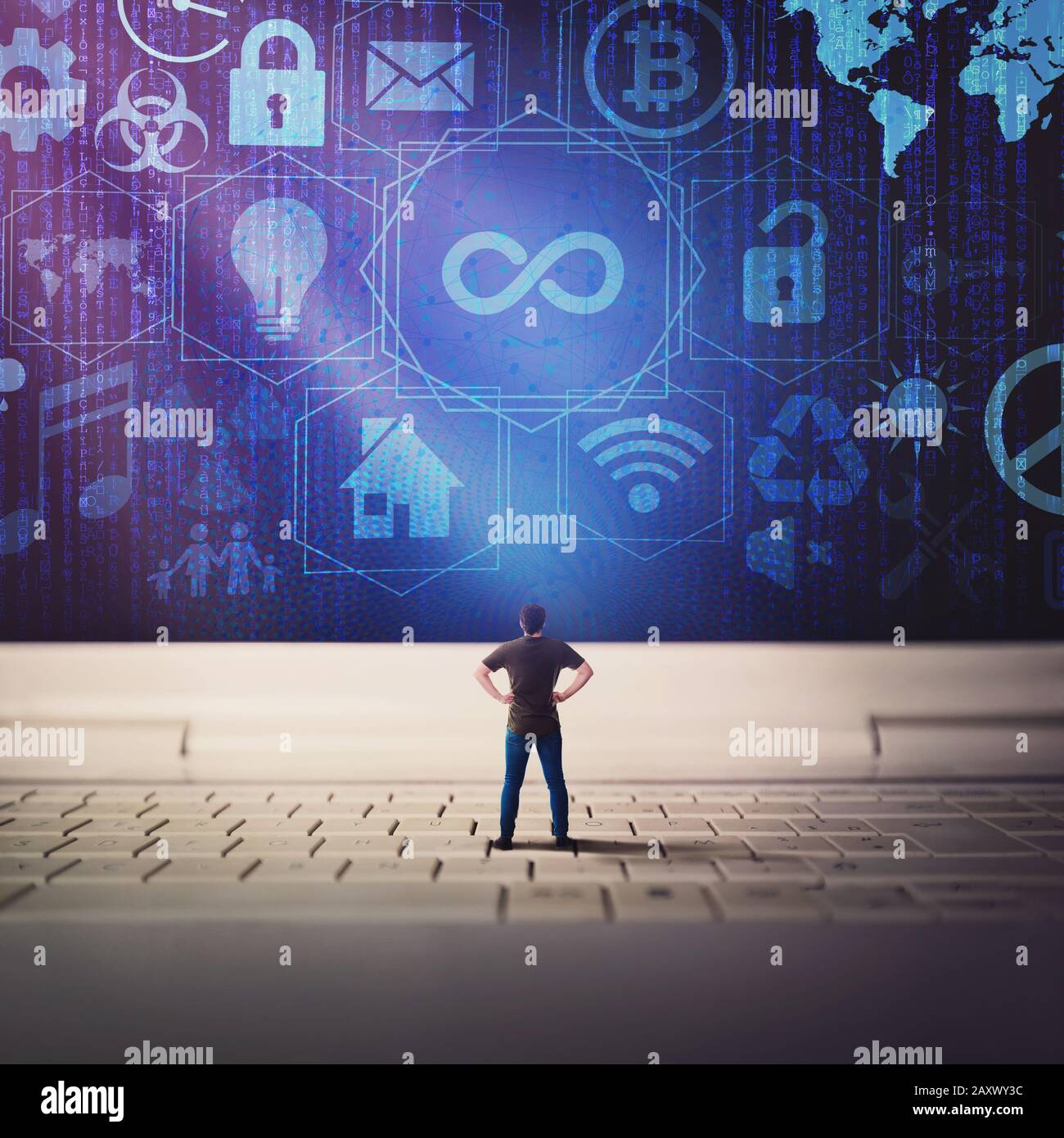 Tiny Man Programmer Stands On The Laptop Keyboard Looking At The Futuristic Pc Screen Computer Media Technologies On Display And Infinity Symbol Mod Stock Photo Alamy