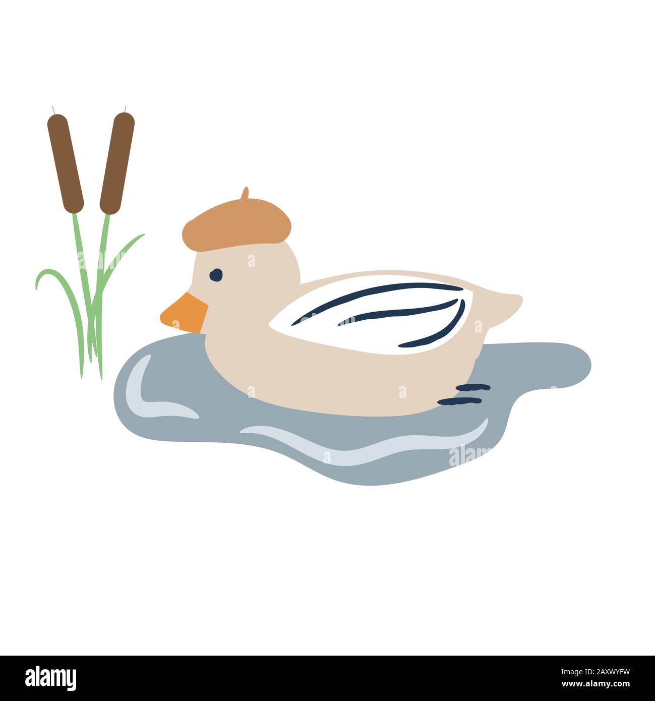 Cute cartoon duck on a pond vector illustration. Stock Vector