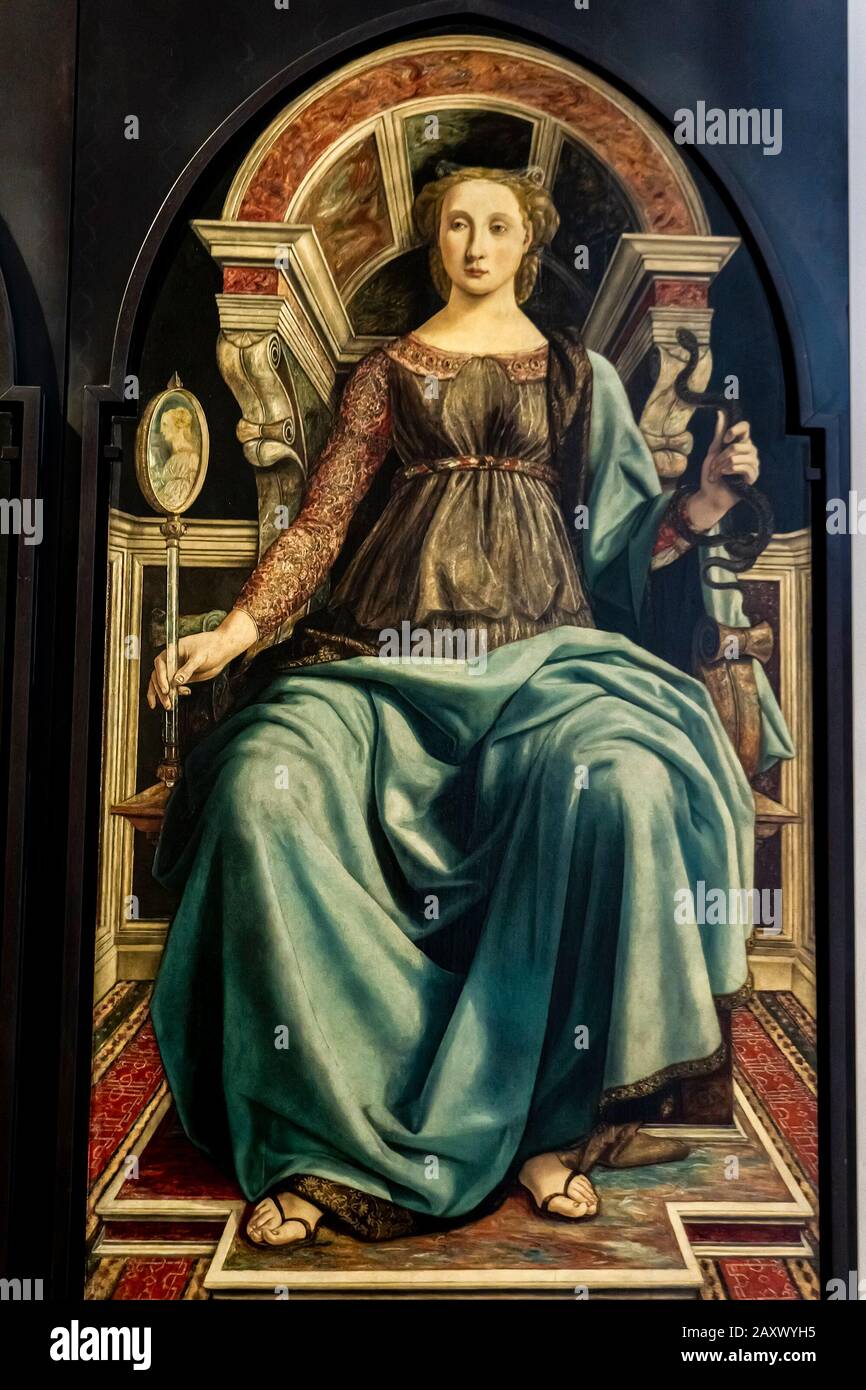 FLORENCE, ITALY - APRIL 7, 2018: Prudence, from panels depicting the Virtues in Uffizi Gallery in Florence, Italy. It is painted by  Piero del Pollaiu Stock Photo