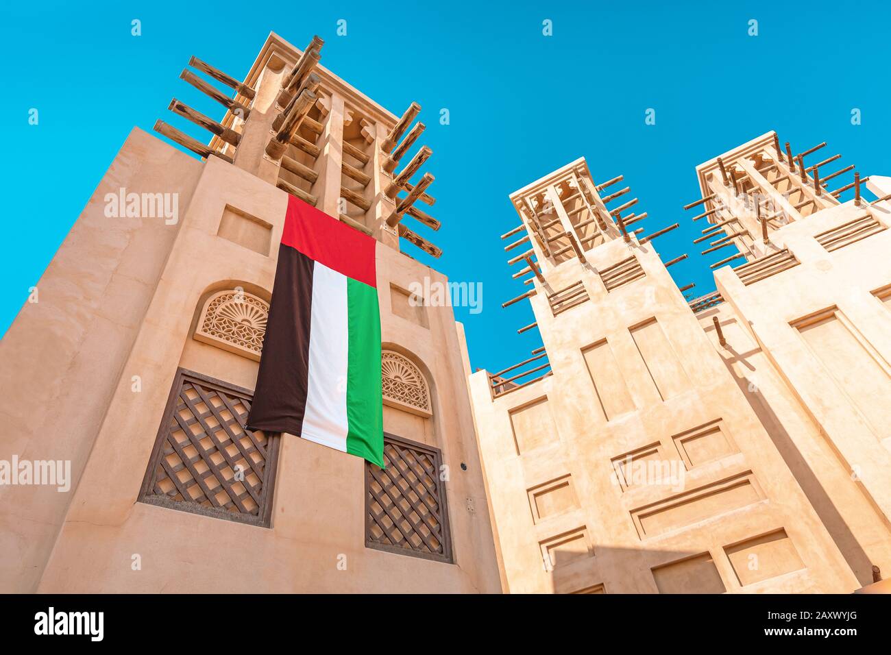 Traditional historical quarter with ancient Arabic architecture in Dubai Stock Photo