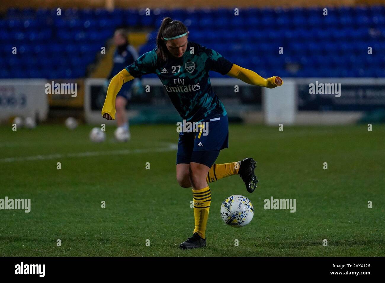 CHESTER. ENGLAND. FEB 13th: Ruby Grant of Arsenal warming up during the Women’s Super League game between Liverpool Women and Arsenal Women at The Deva Stadium in Chester, England. (Photo by Daniela Porcelli/SPP) Stock Photo