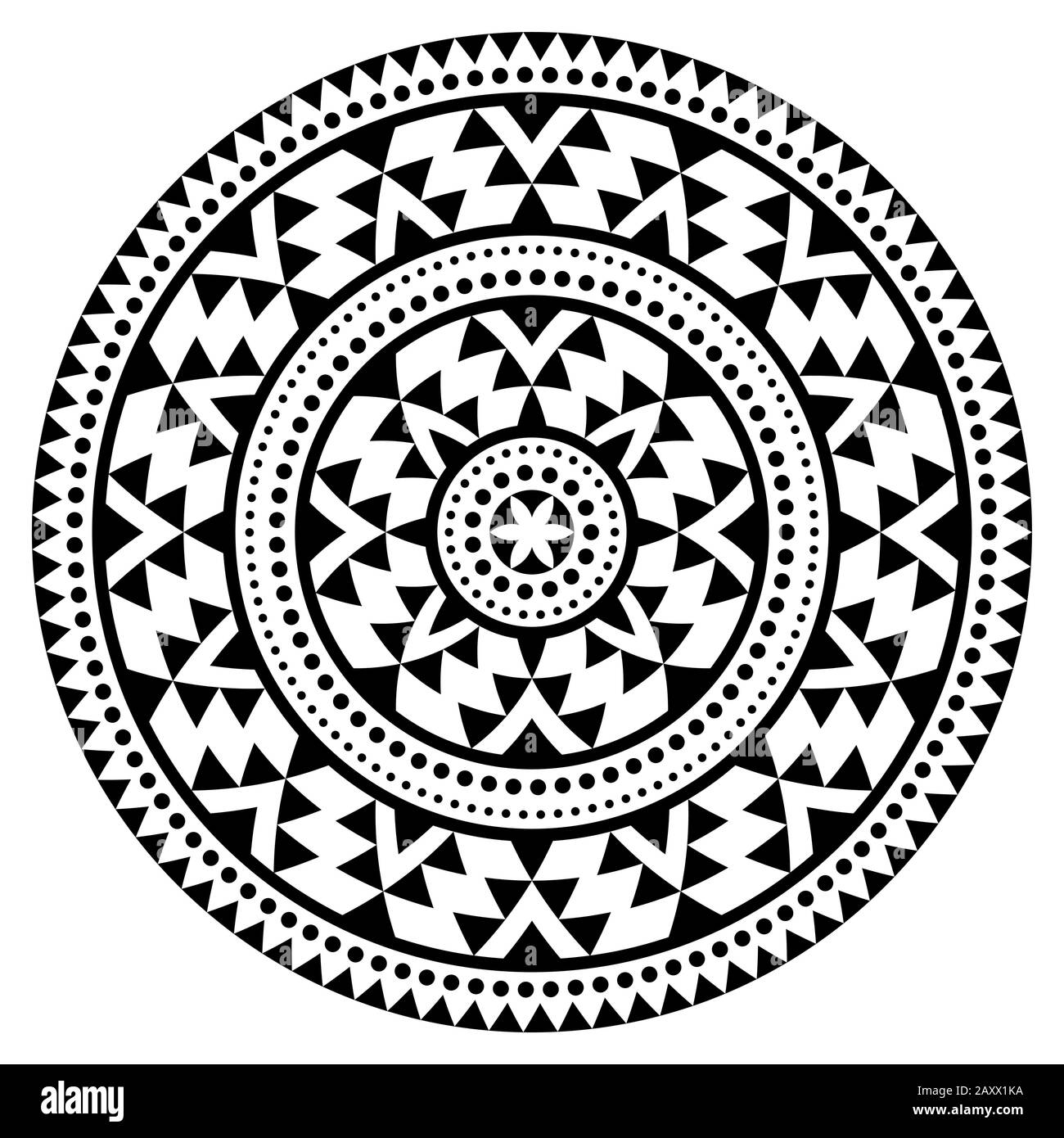 Tribal Aztec mandala vector pattern, bohemian geometric round design in black and white, zen decoration Stock Vector