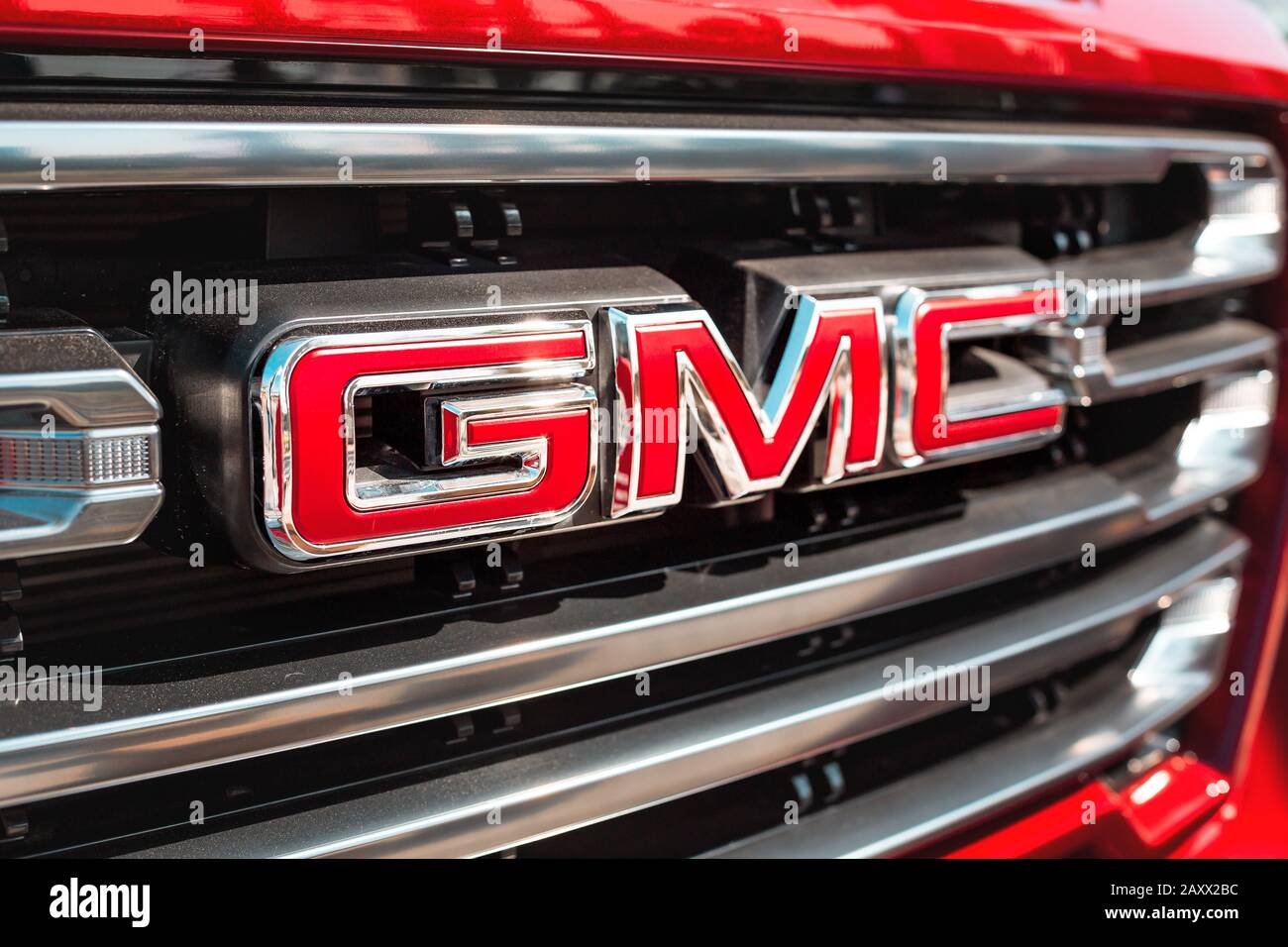 28 November 2019, UAE, Dubai: GMC logo closeup on a car front Stock Photo