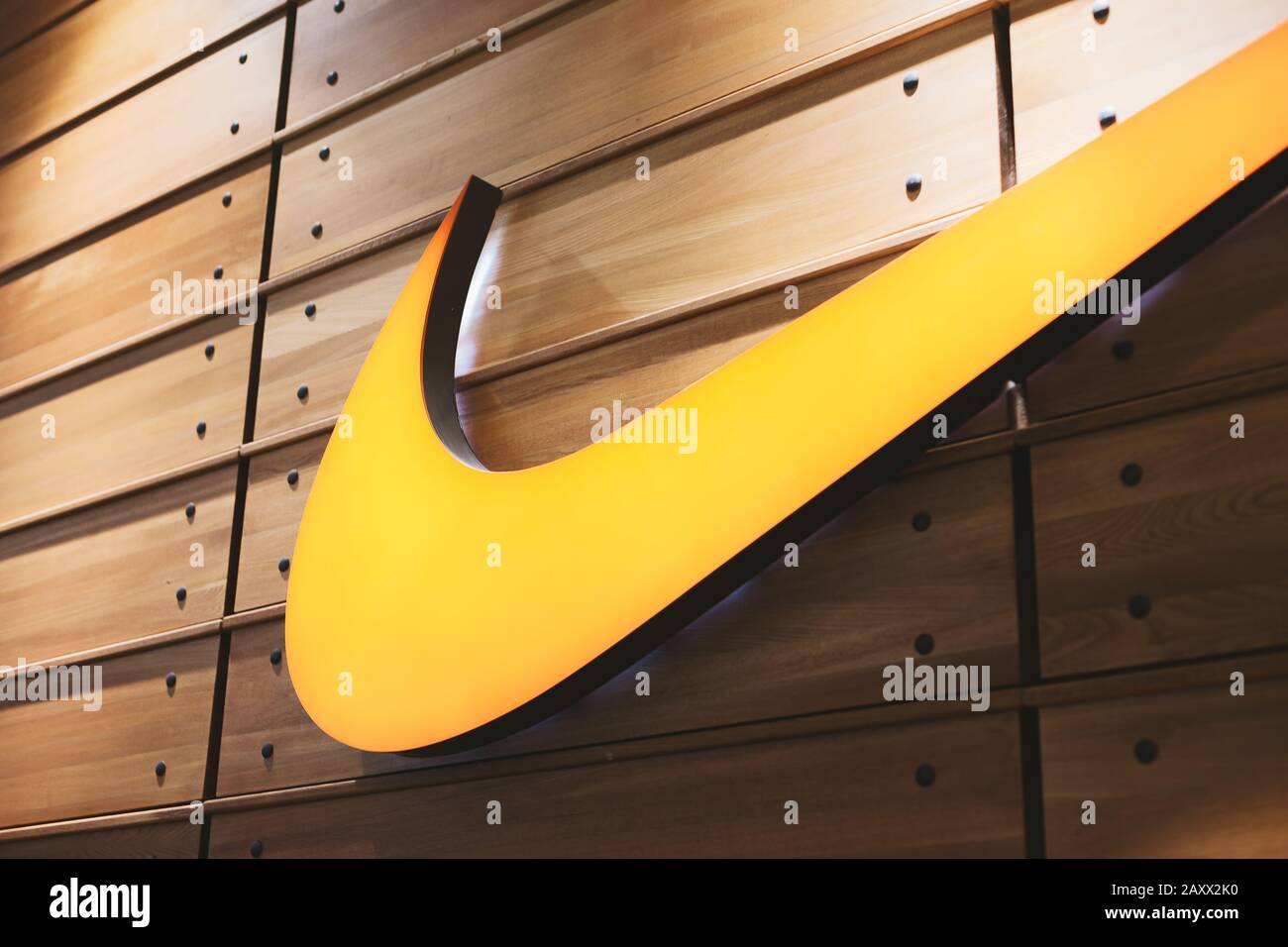 27 November 2019, UAE, Dubai Mall: Nike logo close-up at sportswear store Stock Photo