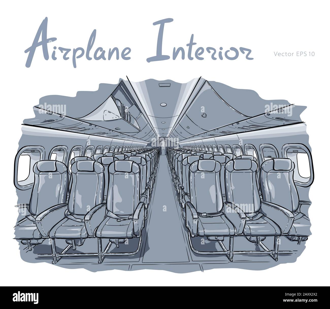 Airplane interior hand drawn sketch vector illustration Stock Vector