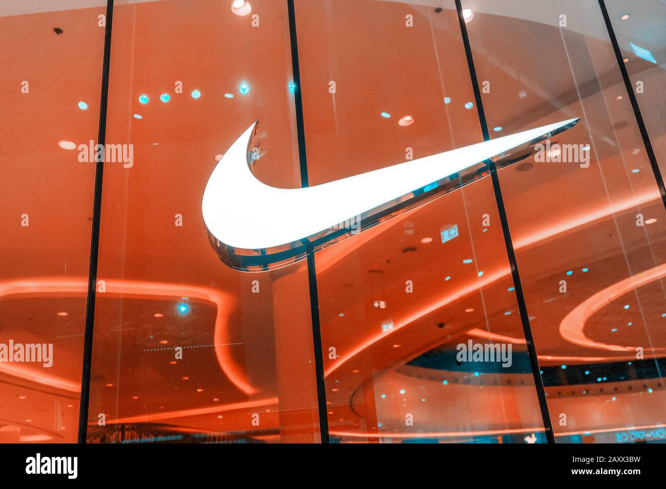 28 November 2019, UAE, Dubai Mall: Nike logo close-up at sportswear store Stock Photo