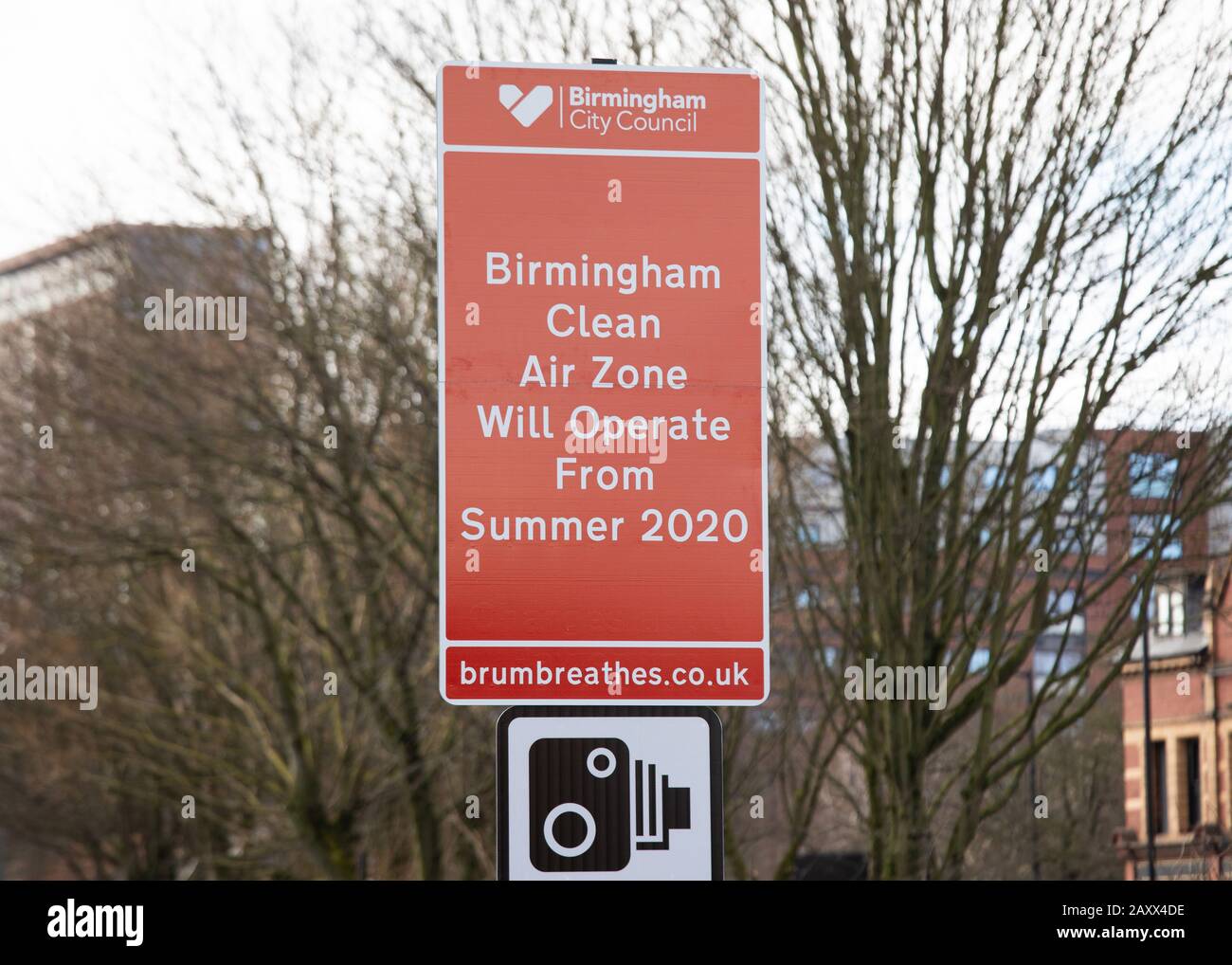 Birmingham Clean Air Zone signs installed in February 2020 before a clean Air Zone is introduced in summer 2020 Stock Photo