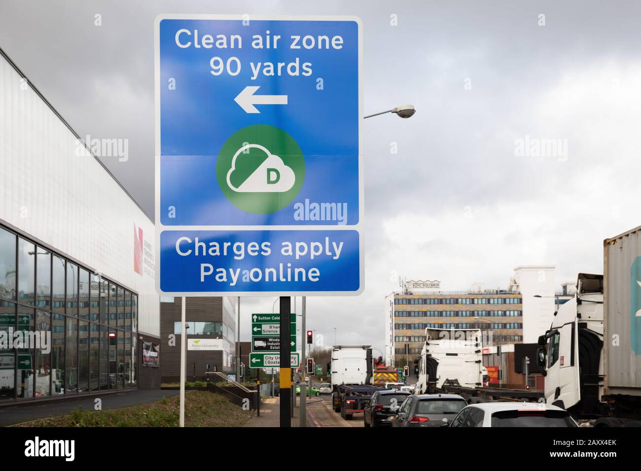 Birmingham Clean Air Zone signs installed in February 2020 before a clean Air Zone is introduced in summer 2020 Stock Photo