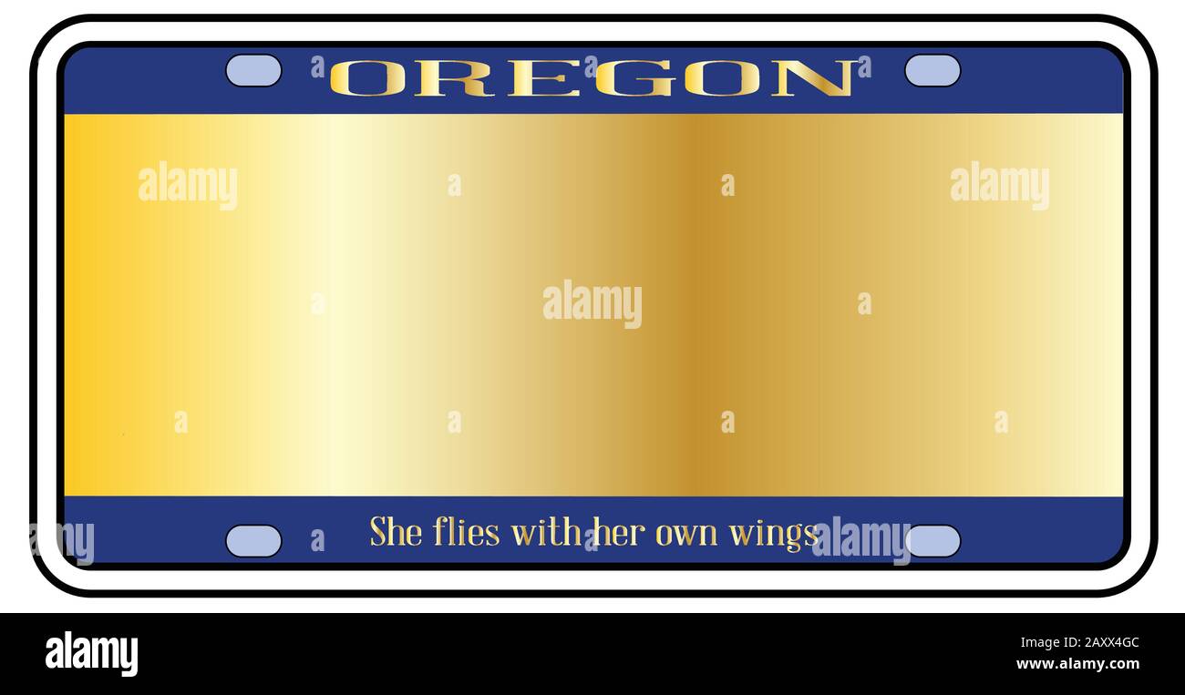 Blank Oregon state license plate in the colors of the state flag over a