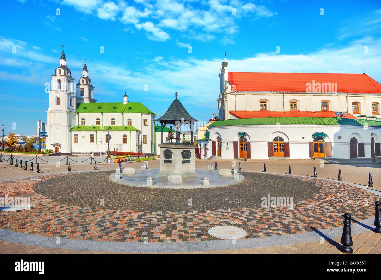 City hall square with sculpture attraction in historical centre of Minsk. Belarus Stock Photo
