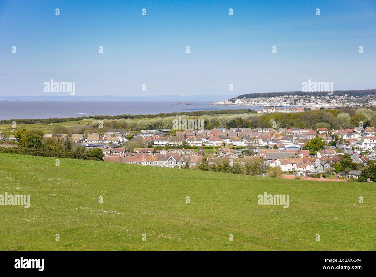 View from Uphill, North Somerset, UK towards the village of Uphill and Weston Super Mare Stock Photo