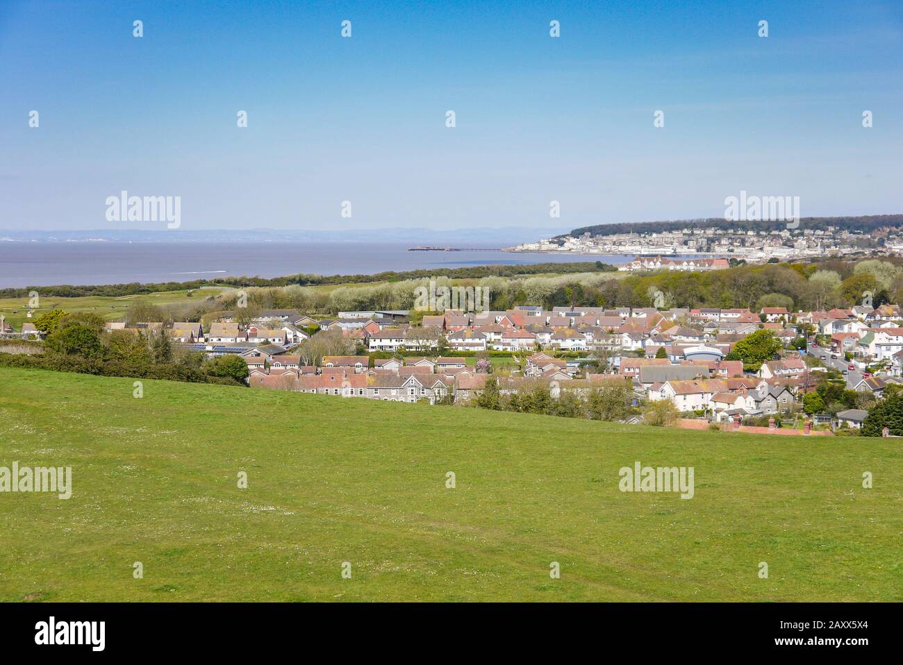 View from Uphill, North Somerset, UK towards the village of Uphill and