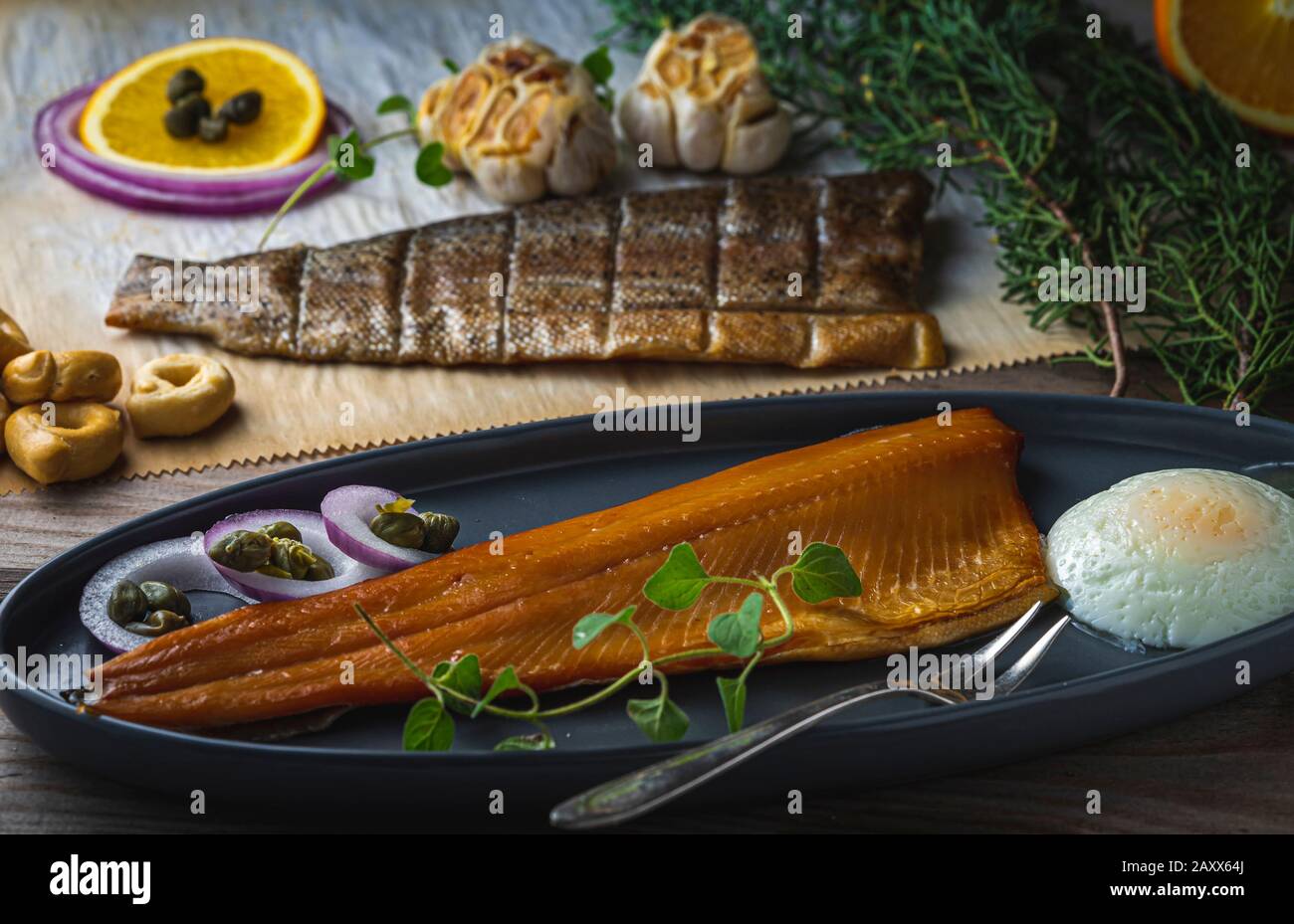 Smoked Trout fillet. Stock Photo