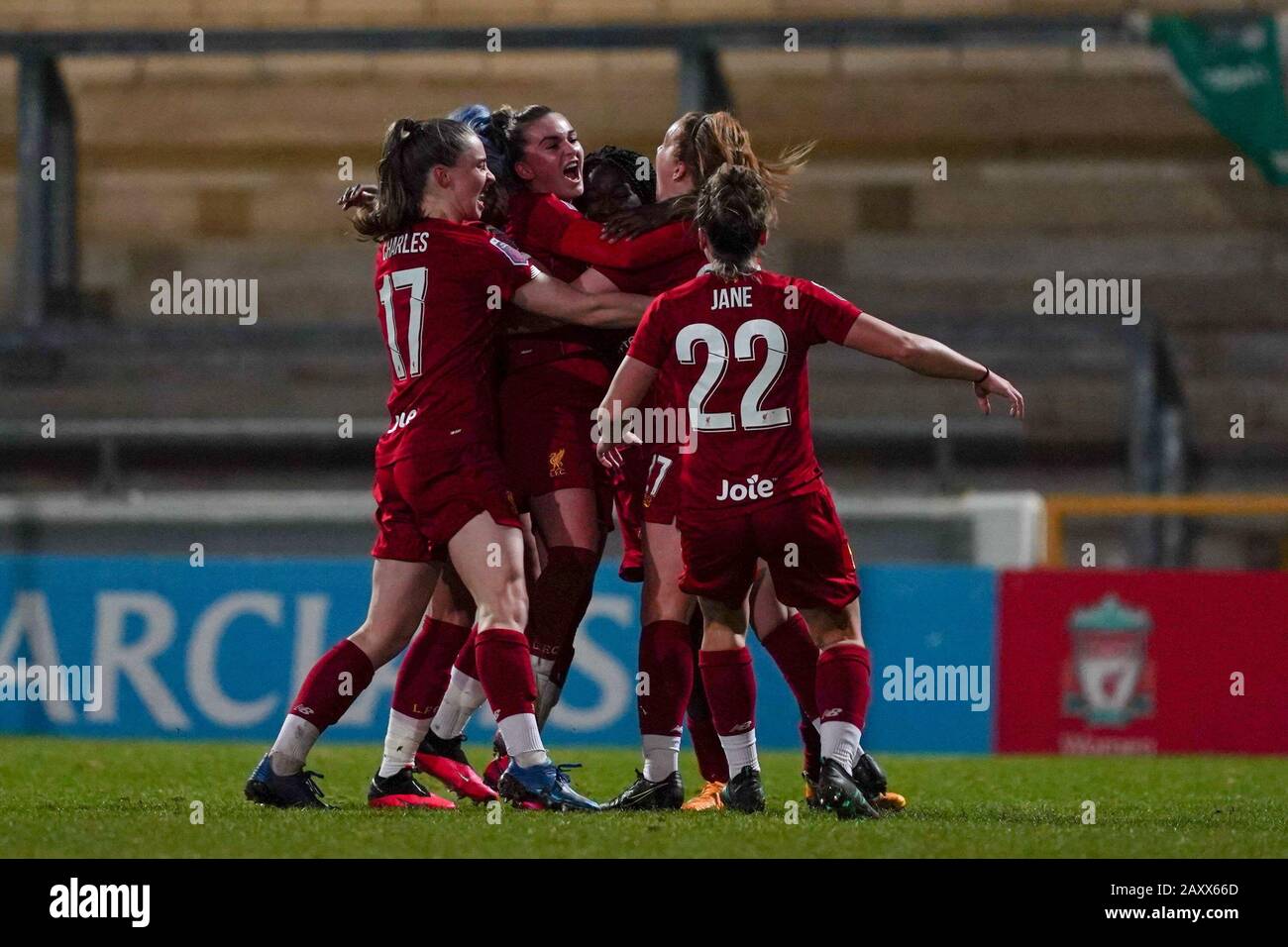 CHESTER. ENGLAND. FEB 13th: Players of Liverpool FC Women celebrate Rinsola Babajide's goal during the Women’s Super League game between Liverpool Women and Arsenal Women at The Deva Stadium in Chester, England. (Photo by Daniela Porcelli/SPP) Stock Photo