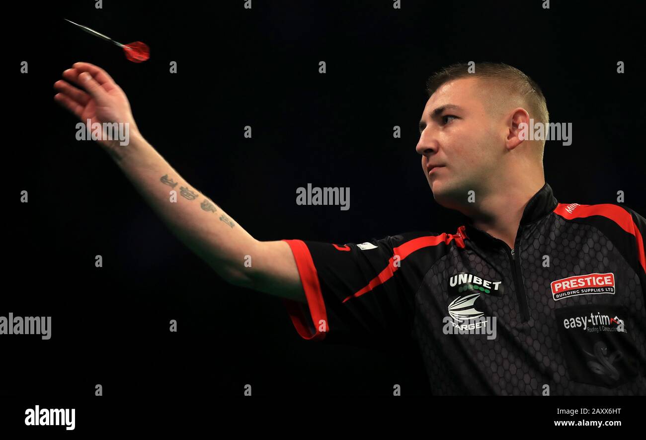 Nathan Aspinall in action during the Unibet Premier League Darts at Motorpoint Arena, Nottingham. Stock Photo