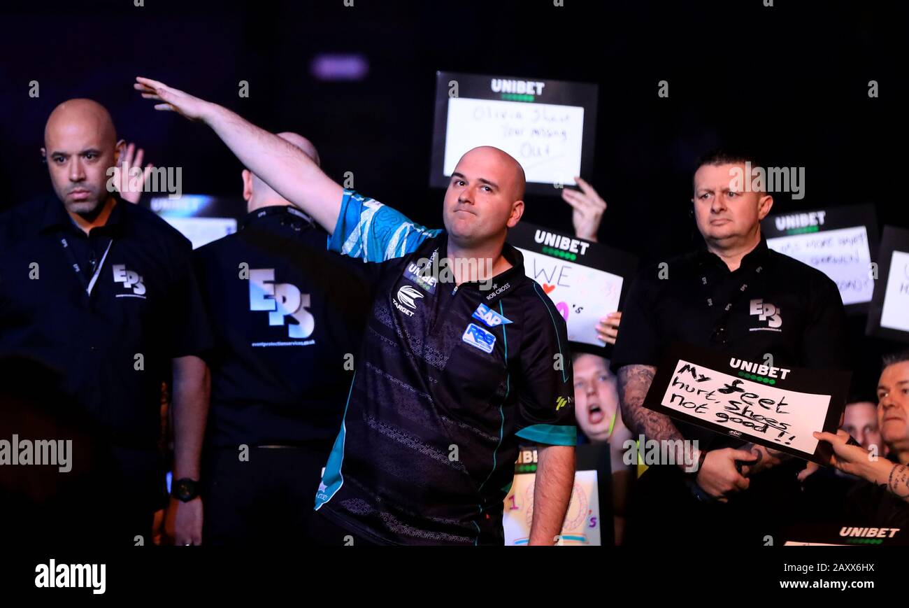 Rob Cross during his walk on during the Unibet Premier League Darts at Motorpoint Arena, Nottingham. Stock Photo