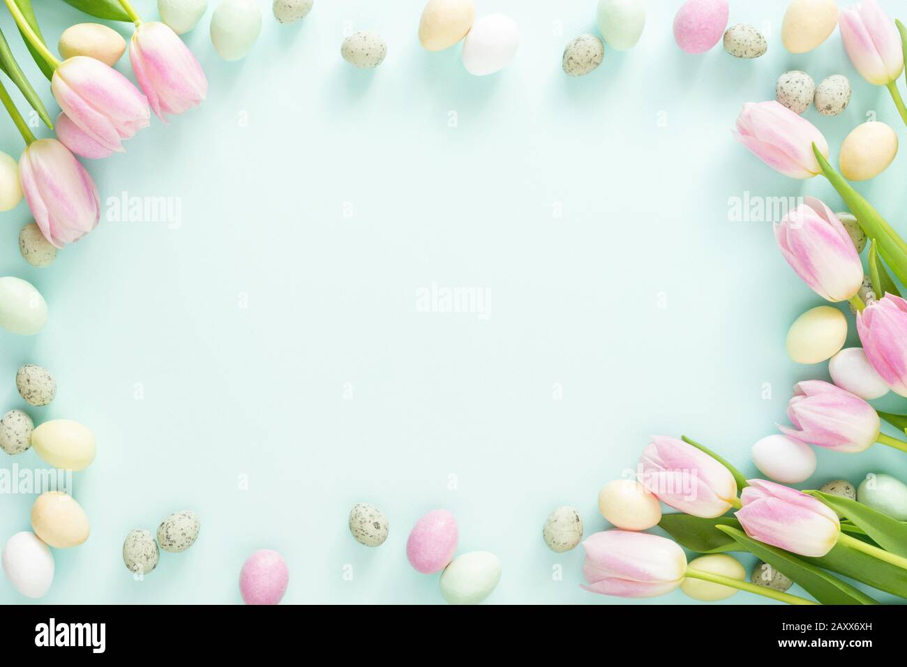 Colored Easter candy eggs and pink tulips on turquoise background. Easter frame. Stock Photo